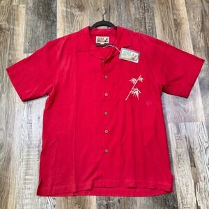 Vintage NWT Tiki Classics Shirt Mens L Red Bamboo Button Down Aloha 100% Silk